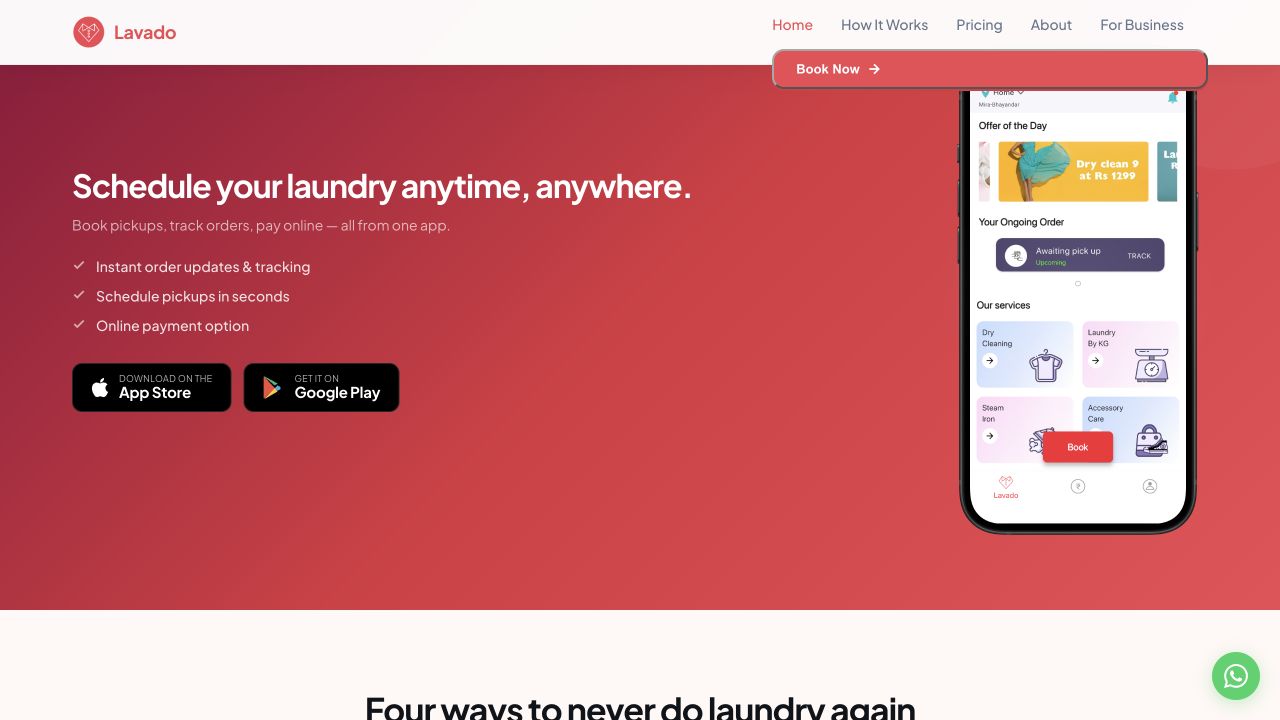 Lavado website section showing its customer app, order tracking and pickup features